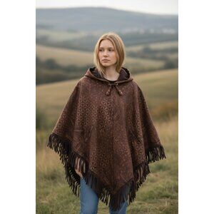 All-Cotton Block Print Poncho • Fringe Hooded Wrap w/ Pockets • One Size